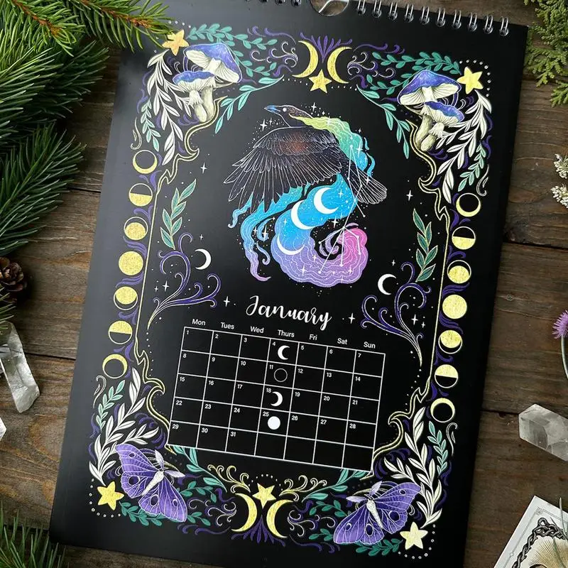 2024 Mondphasen kalender Dark Forest Elf Serie Wandkalender Monats planer mit Dark Moon Ornament Home Office