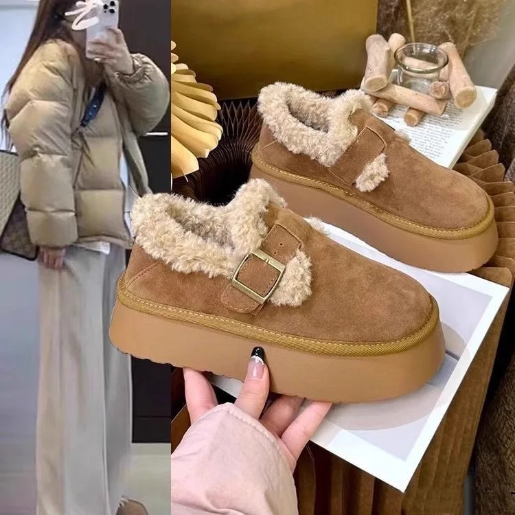 Mao Mao snow boots women's autumn and winter thick-soled one-pedal low-top bread women's shoes velvet versatile cotton shoes