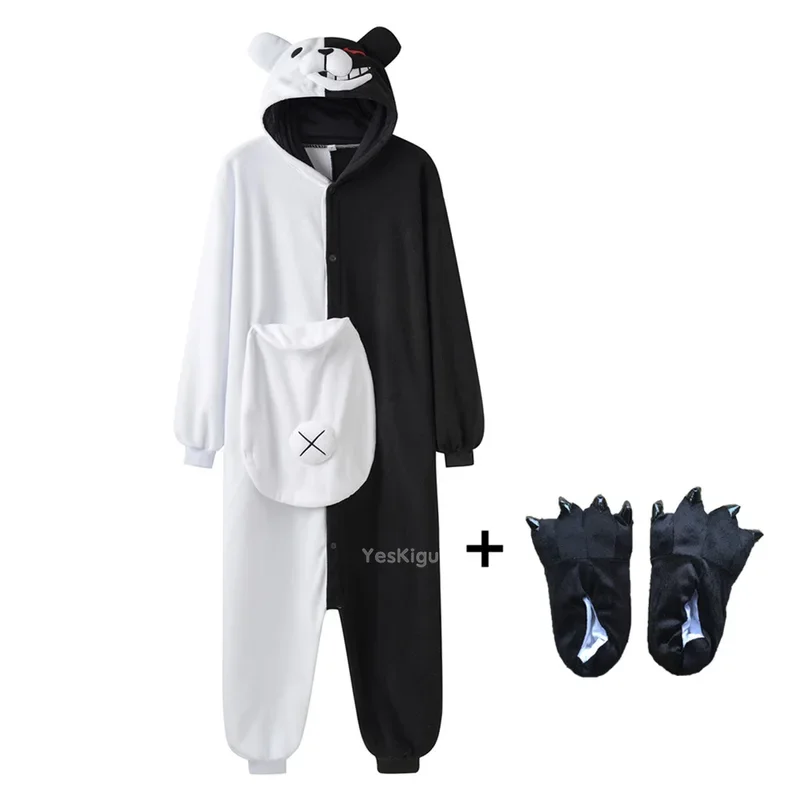 YESKIGU Monokuma Kigurumis Pajama Adult Onesie Anime Bear Jumpsuit Black White Animal Pajamas Women Halloween Party Suit Overall