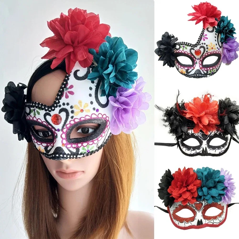 Máscara de bola de maquillaje del Día de los Muertos mexicano, flor de Halloween con máscara de fantasma, actuación de Cosplay, fiesta de Carnaval