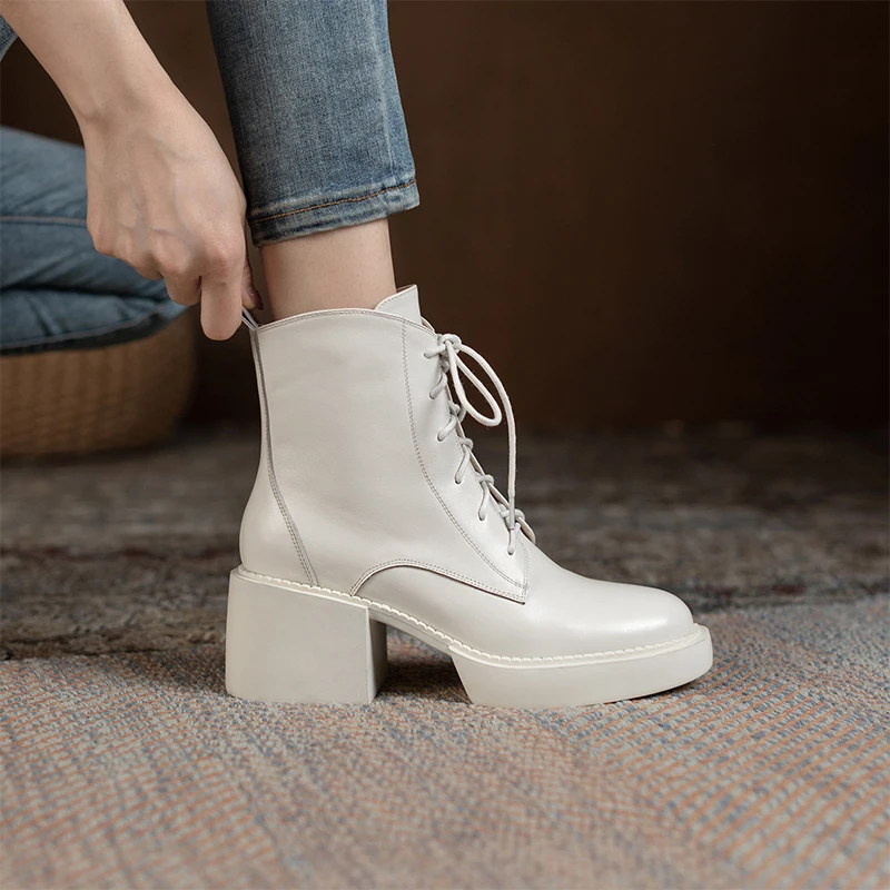 Retro Lace-up Mature Female Concise Women Ankle Boots Genuine Leather Thick Heels Autumn Winter Side Zipper Office Shoes Woman