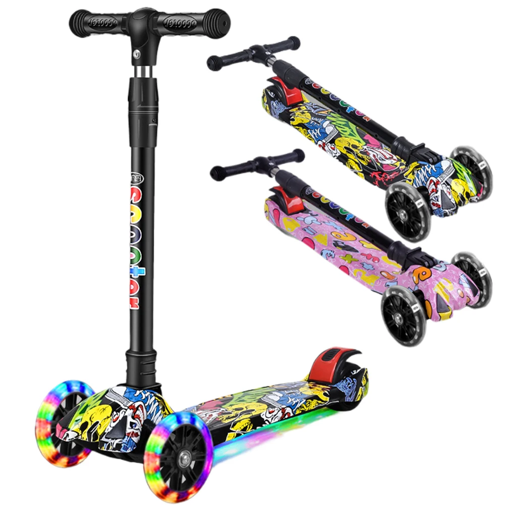 Foldable Kids Scooter Light-Up Wheels 3 Wheel Scooter Adjustable Height Kids Push Scooter Lean To Steer for Children Ages 2-10