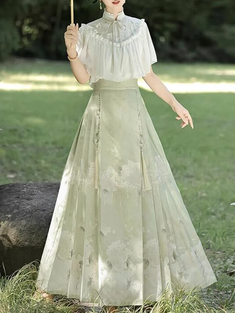 

New Chinese Style Green Revamped Ma Face Skirt Set Women's Summer Hanfu White Short Sleeve Top Half Skirt Two-Piece Ensemble