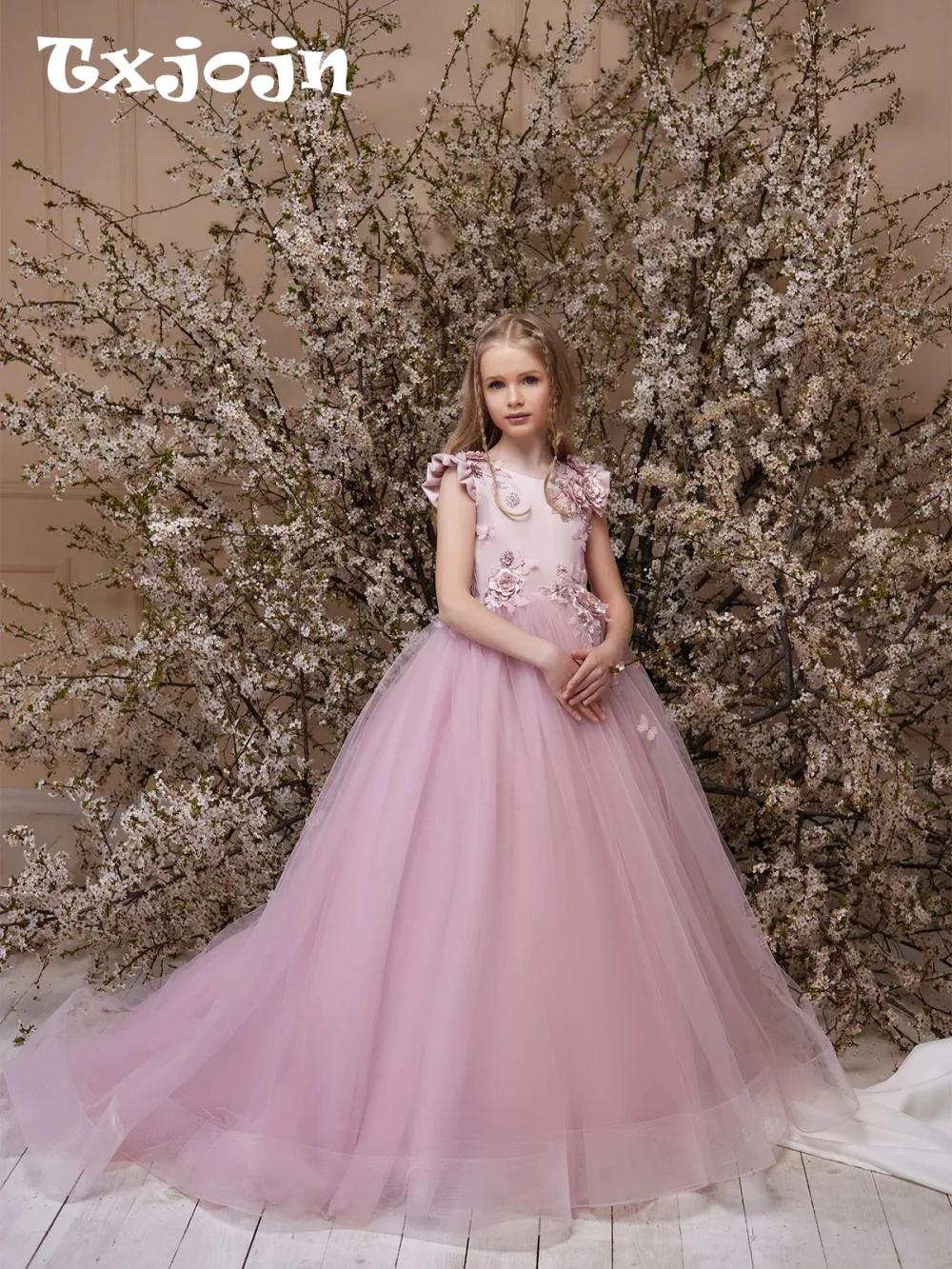 Purple Charming 3D Floral Girls Dresses For Performance Exquisite Oneck Short Sleeve Princess Gown Wedding Guest Clothes 2-14Y