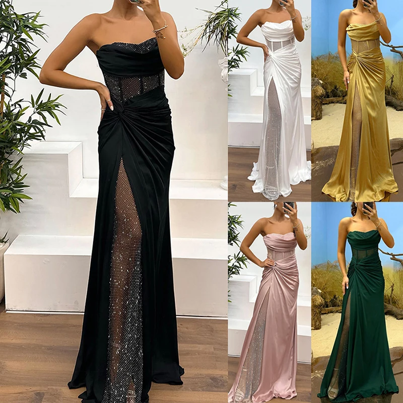 White Elegant Sexy Maxi Dress Hollow Backless Dresses 2024 New European American Party INS Fashion Chest Wrapping Splicing Dress