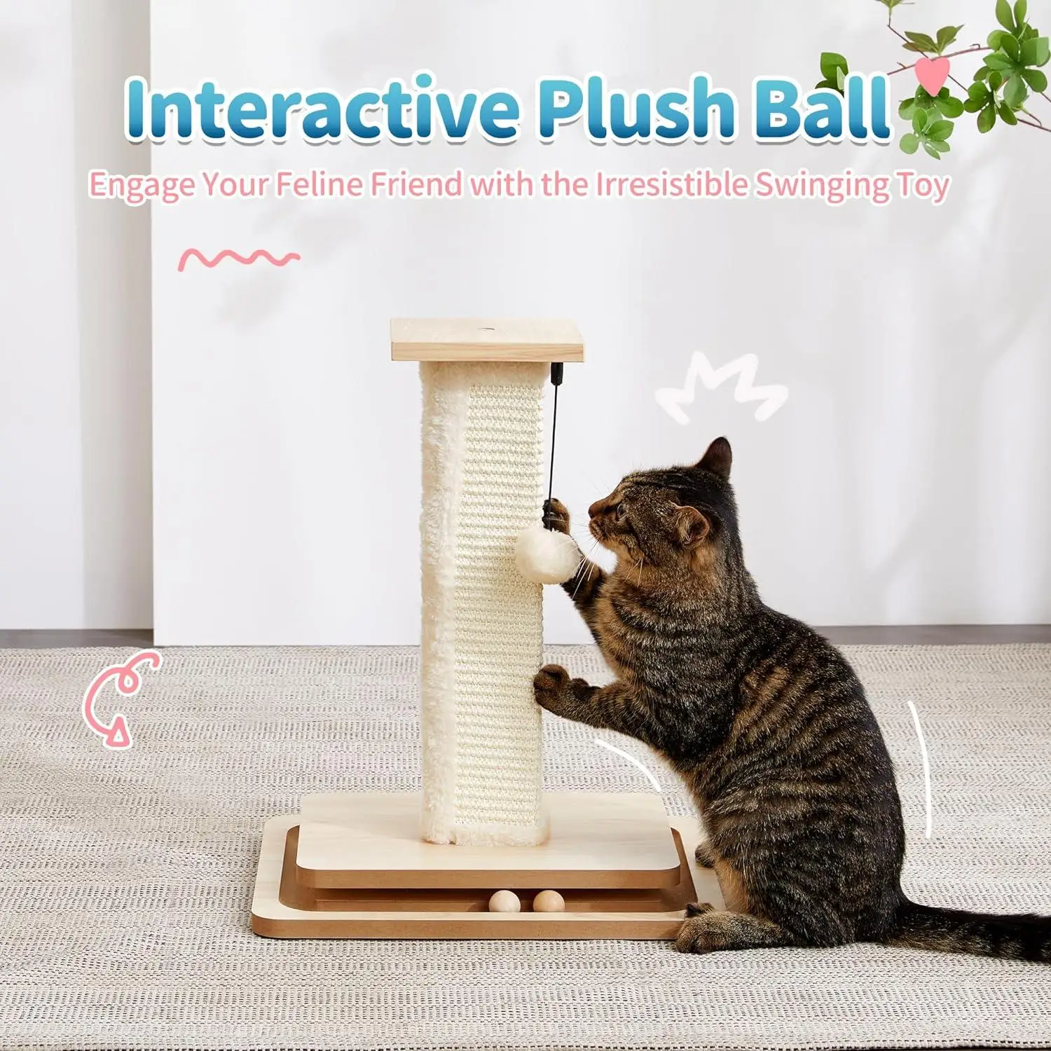 Rascador para gatos con sisal natural, peluche y pelota colgante