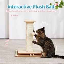 Rascador para gatos con sisal natural, peluche y pelota colgante
