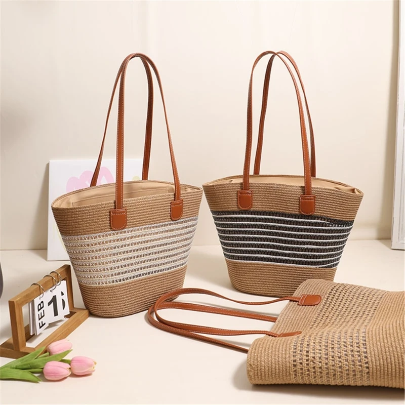 Casual Round Straw Bag Large Capacity Shoulder Handbag Beach Bag with Zippered