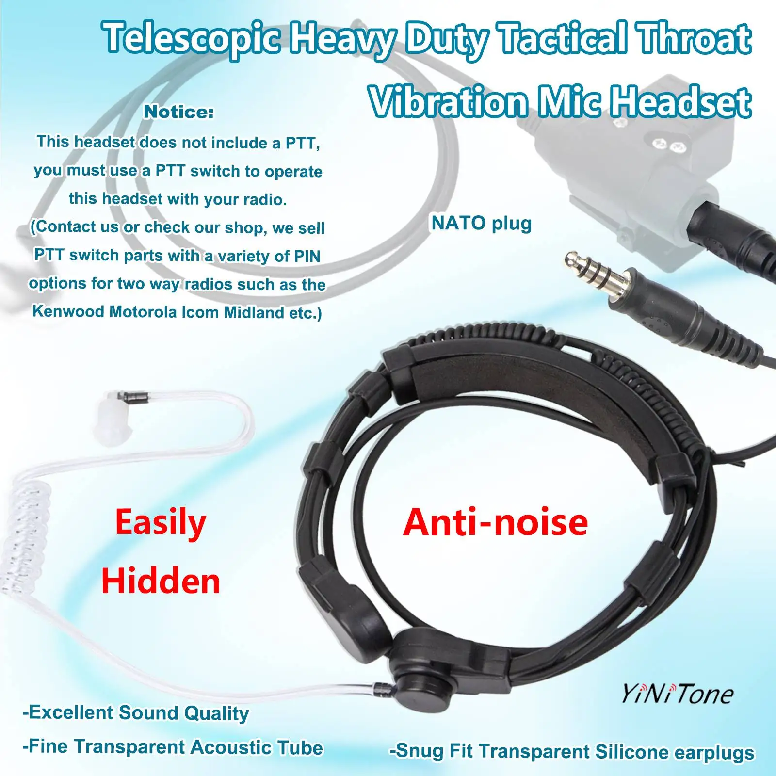 Telescopic Heavy Duty Throat Vibration Mic Headset NATO Plug for Walkie Talkie Radio Anti-noise Great sound quality Headphone