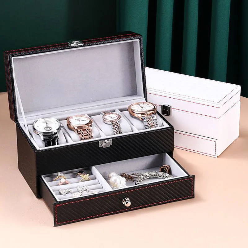 2 Layer 4 Grids Watch Box PU Leather Watch Case Holder Organizer Storage Box for Quartz Watches Jewelry Boxes Display Best Gift