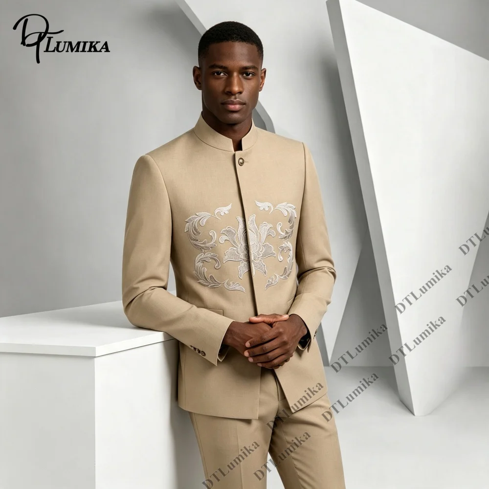 Embroidered Men Suit 2 Pieces Suit Set Handmade Mandarin Collar Oriental Luxury Wedding Groom Formal Party Gentleman Outfit