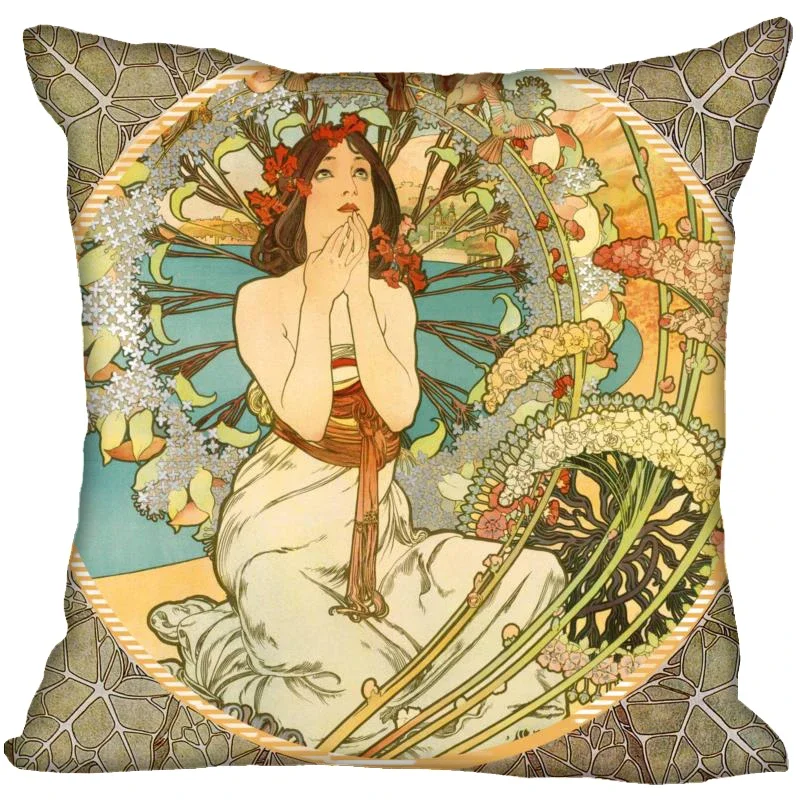 Alphonse Mucha Pillowcase Bedroom Home Decorative Nice Gift Pillow Cover Square Zipper Pillow Cases Satin Soft Fabric