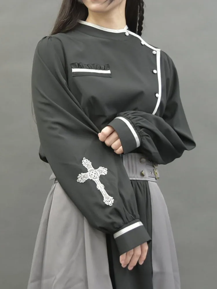 

Axes Femme k Romantic Cross Lace Long Sve Nurse orm irt Autumn Sle Women's Premium Faion Straight Cut Top