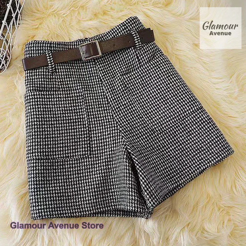 Korean version of wearing houndstooth shorts women's autumn and winter high waist new fashion Joker slim wide-leg pants A pants