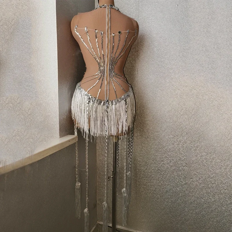 Strass argento Frange Body Maglia sexy Paillettes Vestito Donna Nightclub Party Gogo Ballerino Indossare Drag Queen Costume XS5988