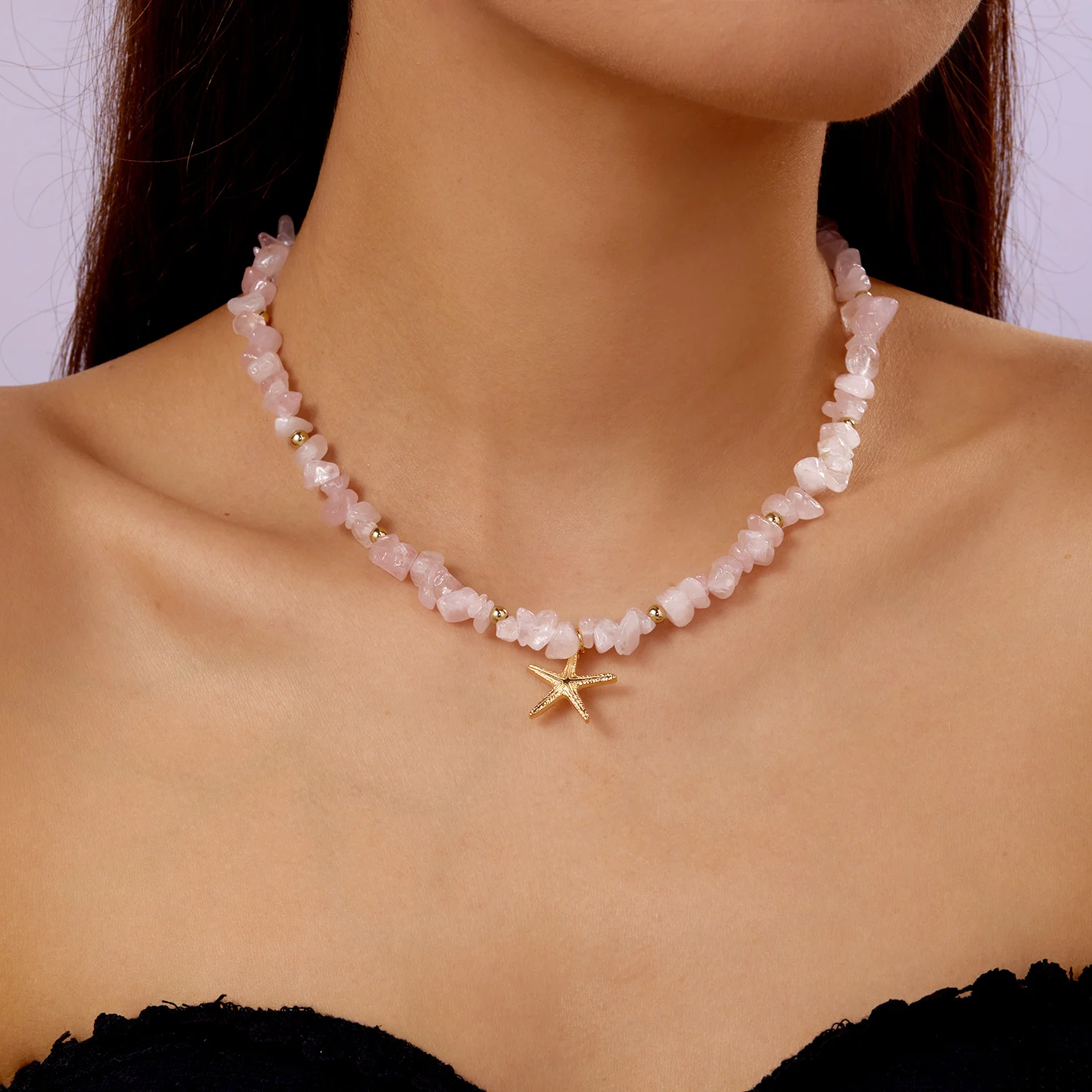 Unregelmäßige bunte Naturstein-Perlen-Halskette für Frauen, handgefertigt, böhmischer Seestern, Schlüsselbeinkette, Strandparty, Charm-Schmuck – Detail 7