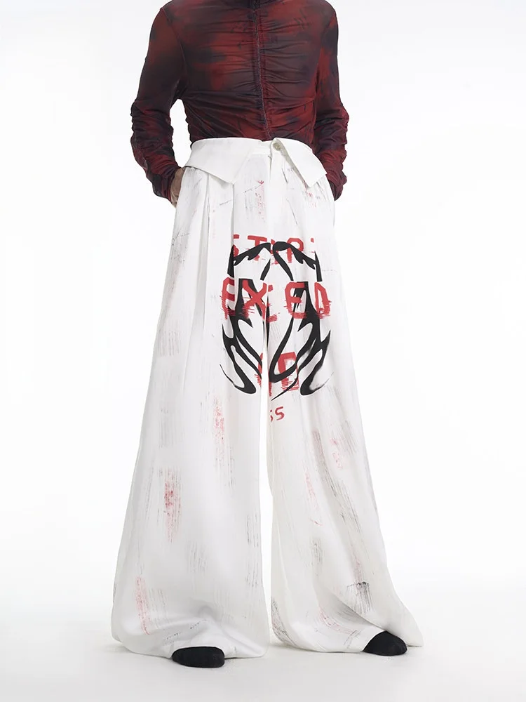 

Men's Casual Pants Draped Satin Hand-Painted Smue Color Spring Printed Loose Straight Leg High Waist Youthful Sle