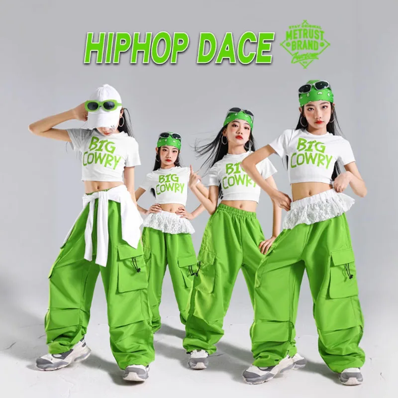 Tops cortos K-pop para niñas, pantalones para correr verdes, trajes de baile callejero de Hip Hop para niños, ropa de calle para niños, conjuntos de ropa de Jazz para grupo de niñas