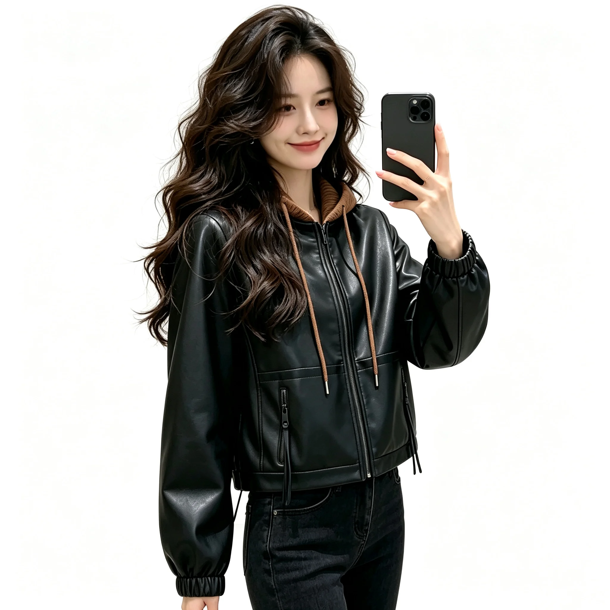 Women Faux Leather Jacket Detachable Knit Hood Zip‑Up Cropped Luxury Coat Elastic Cuff Casual Chic Streetwear Outerwear Lady Top