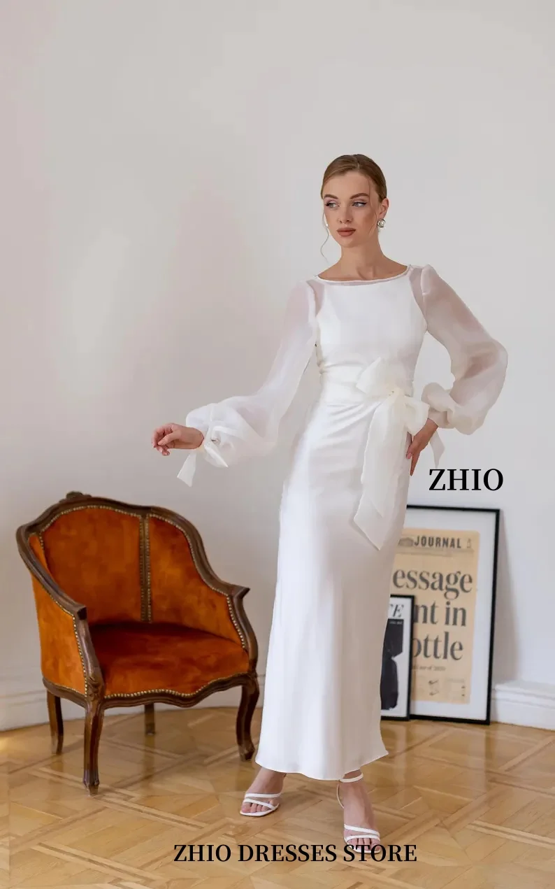 ZHIO Elegante abito da sposa con maniche a sbuffo e maniche lunghe in raso, abito da sposa vintage, lunghezza del pavimento, matrimonio speciale personalizzato