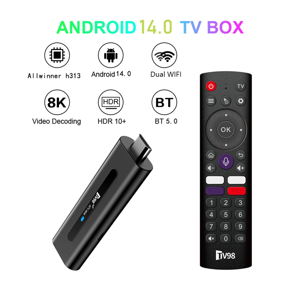 Android 14.0 TV Stick TV98 ATV Smart TV Box 8K Video BT5.0 2.4G 5G WiFi Mediaspeler Allwinner H313 2GB 16GB Voice Remote TV Box