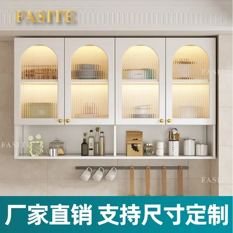 For Solid Wood Cream Style Wall Mounted Kitchen Hanging Cabinet Balcony Storage Cupboard Household Wall Shelf Space Saving