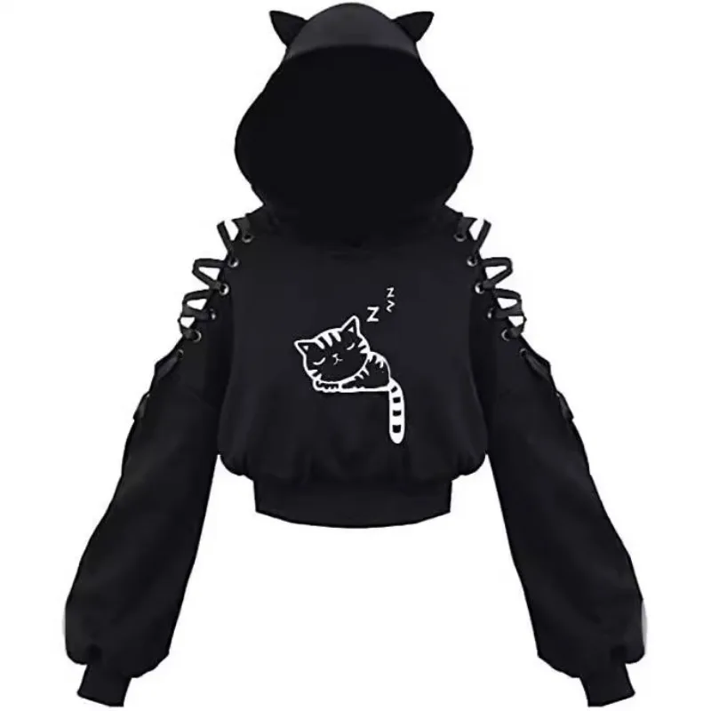 Hoodie wanita lengan panjang, Hoodie Gotik, hitam, musim gugur, Hoodie telinga kucing lucu, Hoodie Harajuku, bahu dingin, perban, kaus Gotik,