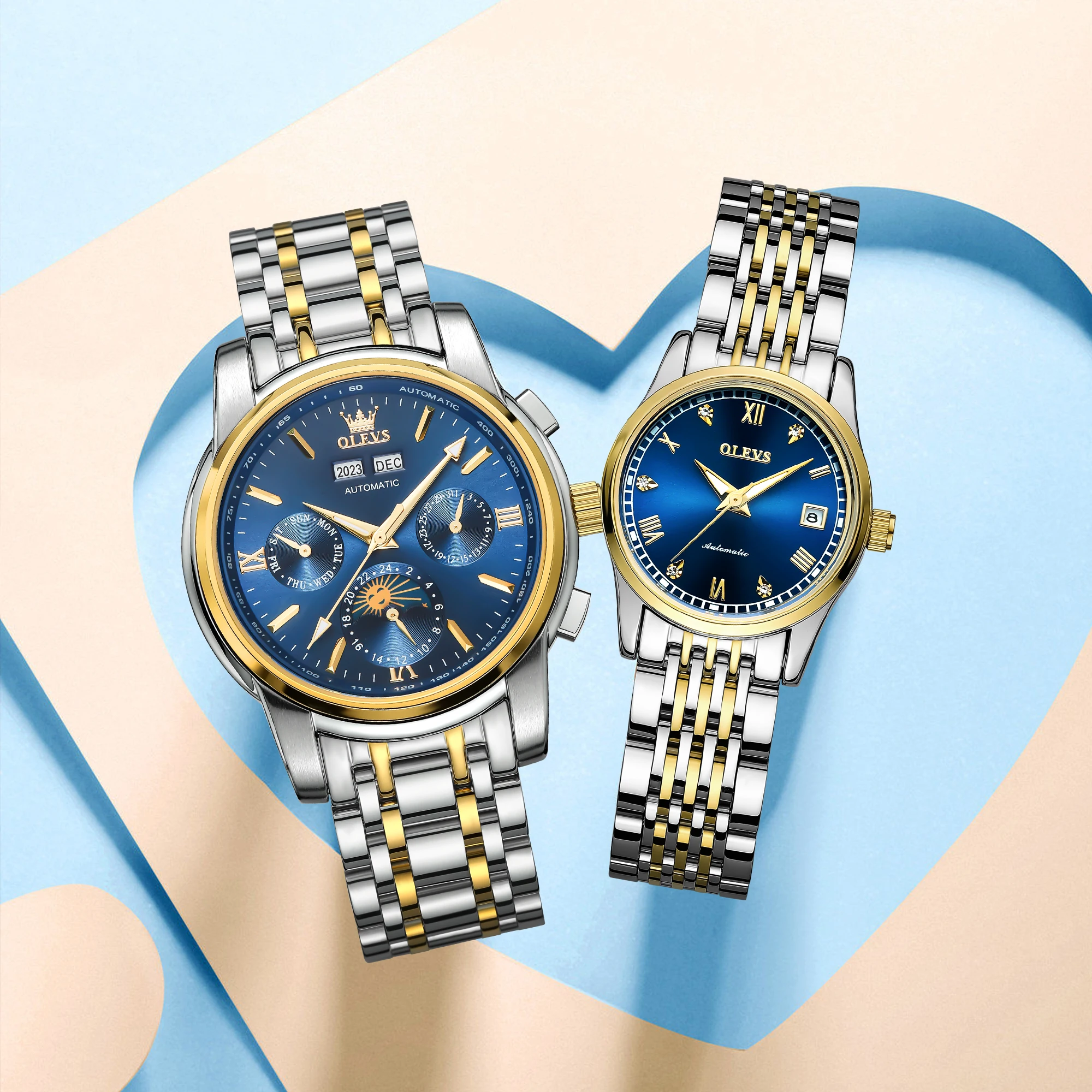 OLEVS 6633+6602 Automatic Couple Watch Pair for Men Women Moon Phase Chronograph Stainless steel Lover's Mechanical Wristwatches