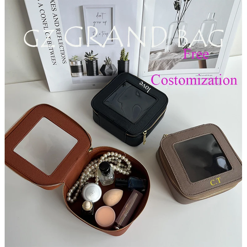 Nombre personalizado gratis, nueva bolsa de maquillaje cuadrada de cuero PU + PVC, neceser compacto Unisex, bolsa de almacenamiento de viaje portátil para mujer