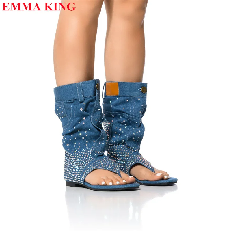 2023 Summer Denim Crystal Sandals Boots Fashion Rhinestone Split Toe Ankle Boots For Women New Designer Flat Short Booties Women