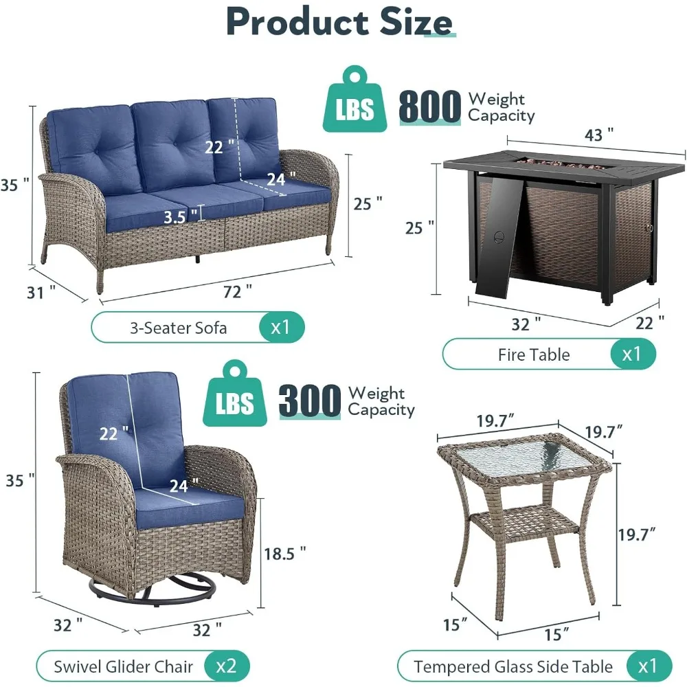 5 Piece Patio Furniture Set with Fire Pit Table - Wicker Patio Conversation Set, 3-Seat Sofa, Tempered Glass Side Table