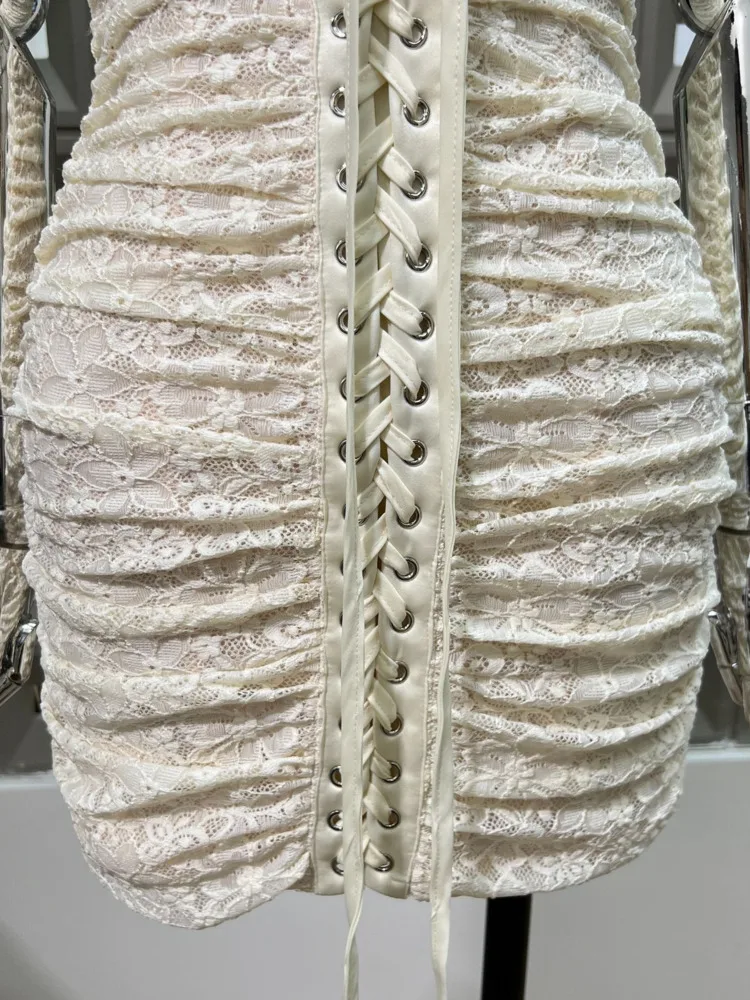 DFDG – Mini robe Bustier froncée et moulante en dentelle pour femmes, tenue de soirée moulante aux hanches, printemps et été 2025