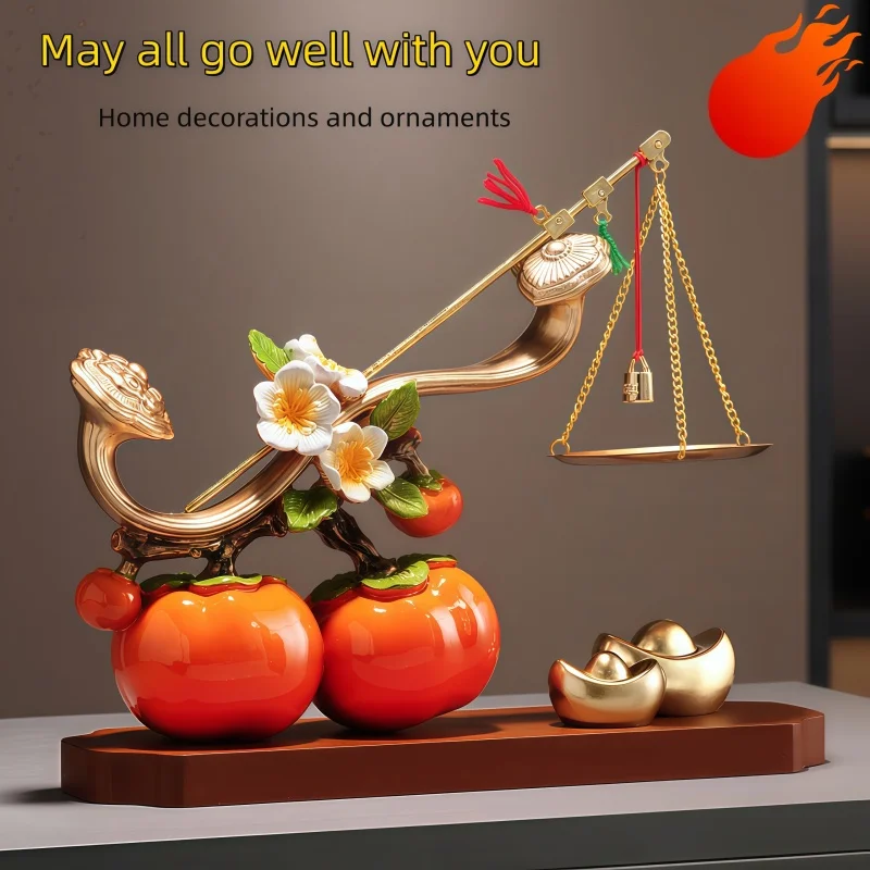 Feng Shui Balance Scale Resin Statue Persimmon Ornament for Office Living Room TV Cabinet Decor Housewarming Gift