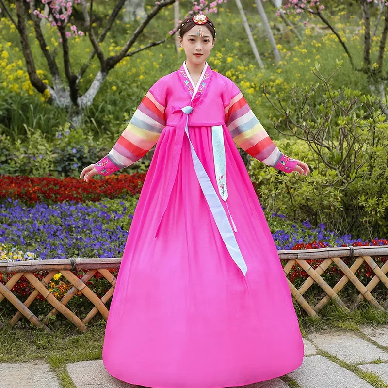 Pink Korean Traditional Women Palace Embroidered Wedding Party Dancewear Hanbok Set Folk Costume Dance Stage Performing Dress