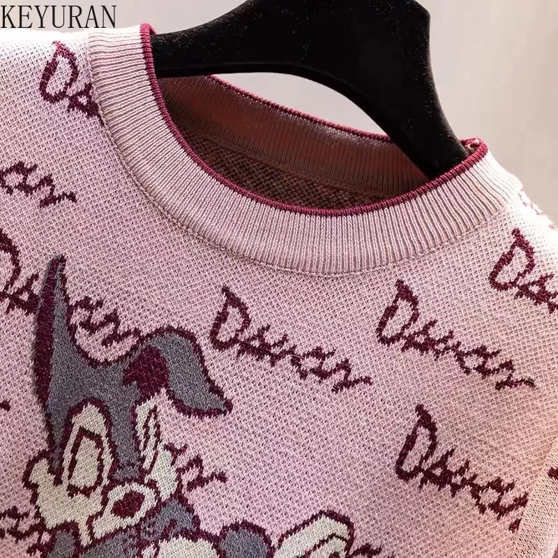 Ins-Tops de punto de manga corta con letras de dibujos animados para mujer, camiseta informal holgada con cuello redondo, camiseta fina de seda de
