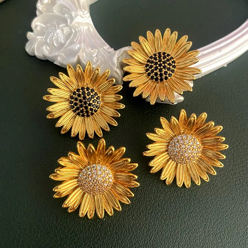 Brass Real Gold Plated Sunflower Stud Earrings 925 Silver Pin Inlaid Black White Zircon Vintage Women Autumn Winter Jewelry
