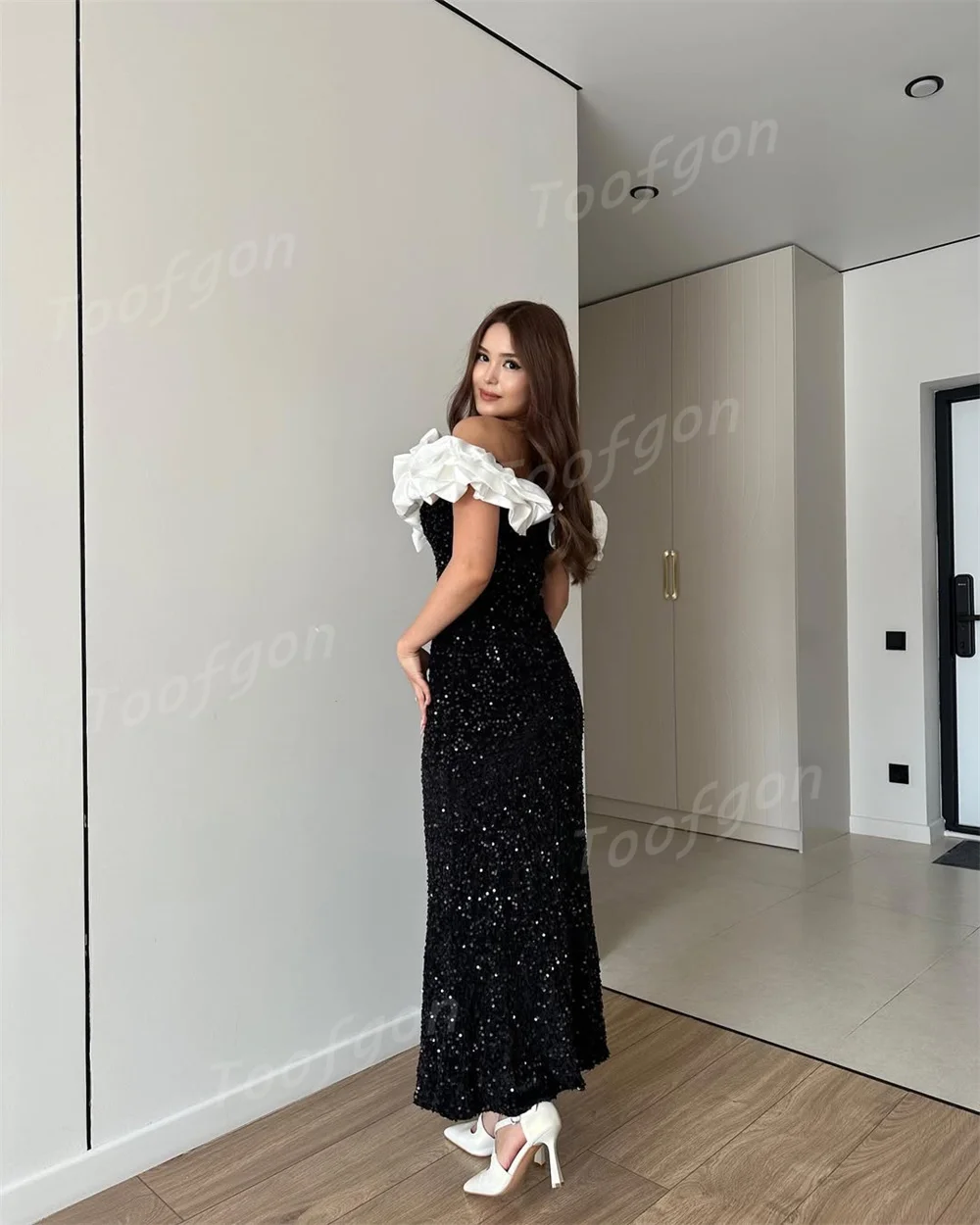 Toofgon Luxury Mermaid Evening Dresses Off Shoulder Sequins Lace Sparkly Special Evening Gown Women Birthday Occasion Customized