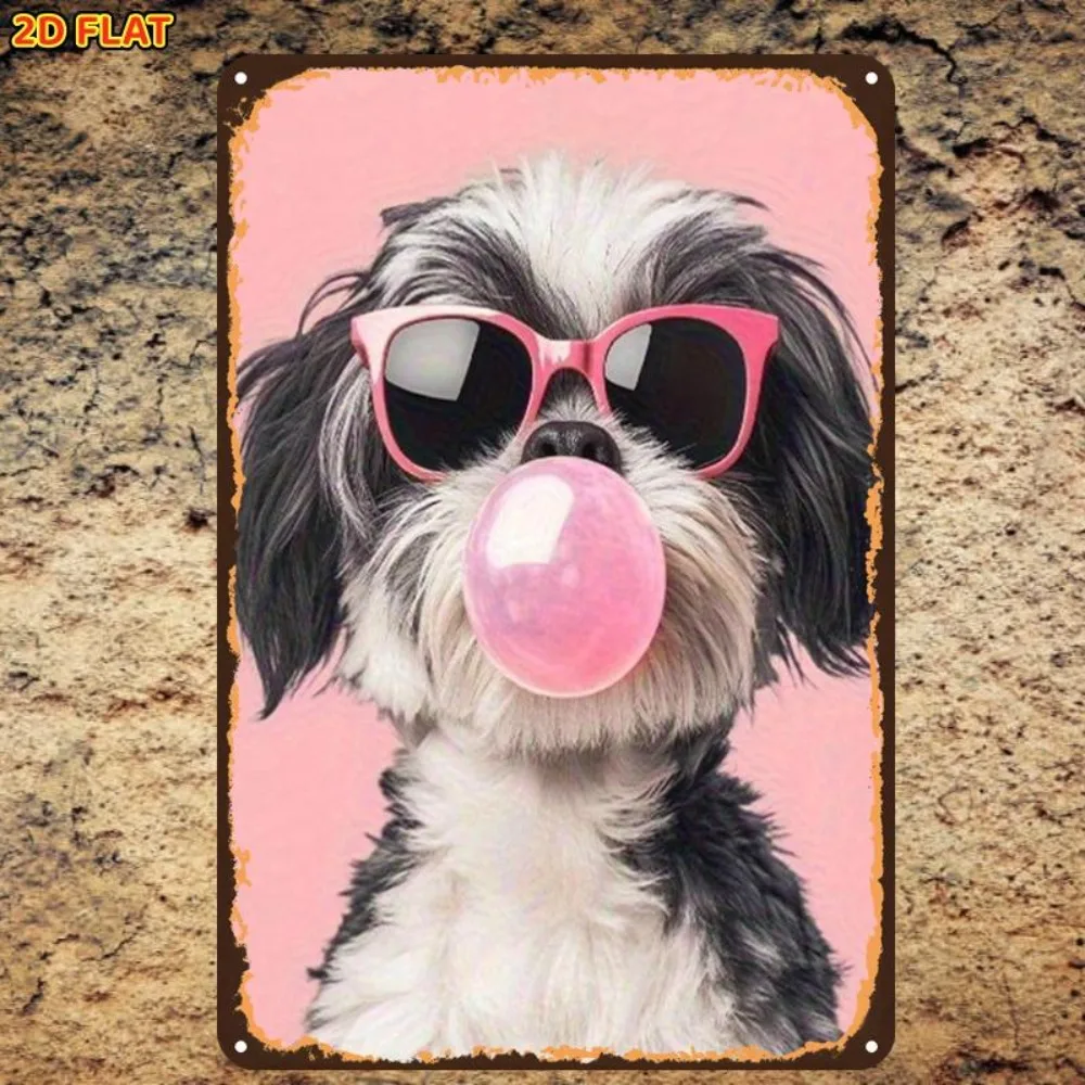 Letrero de metal con diseño de perro divertido con gafas de sol rosas - Póster de metal con diseño de pug para baño, decoración de pared retro con animales
