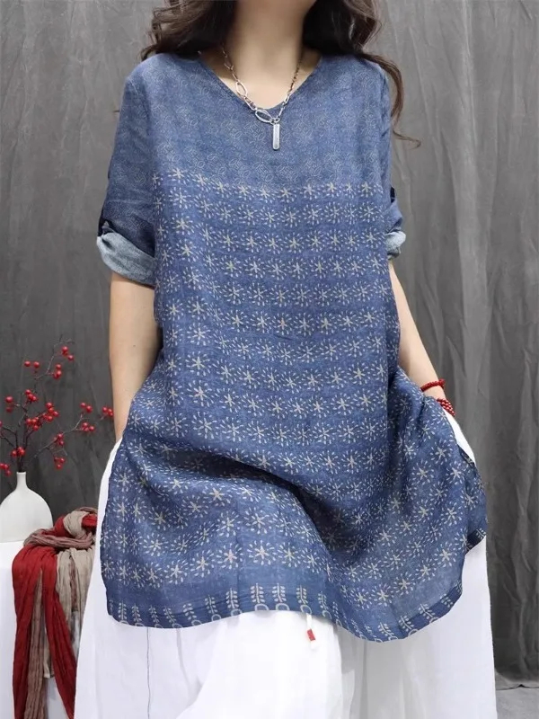 

Retro Floral Print Cotton Linen irt Women Summer Lightweight Loose Casual Mid-Length Svel Top Commute Sle round Ne