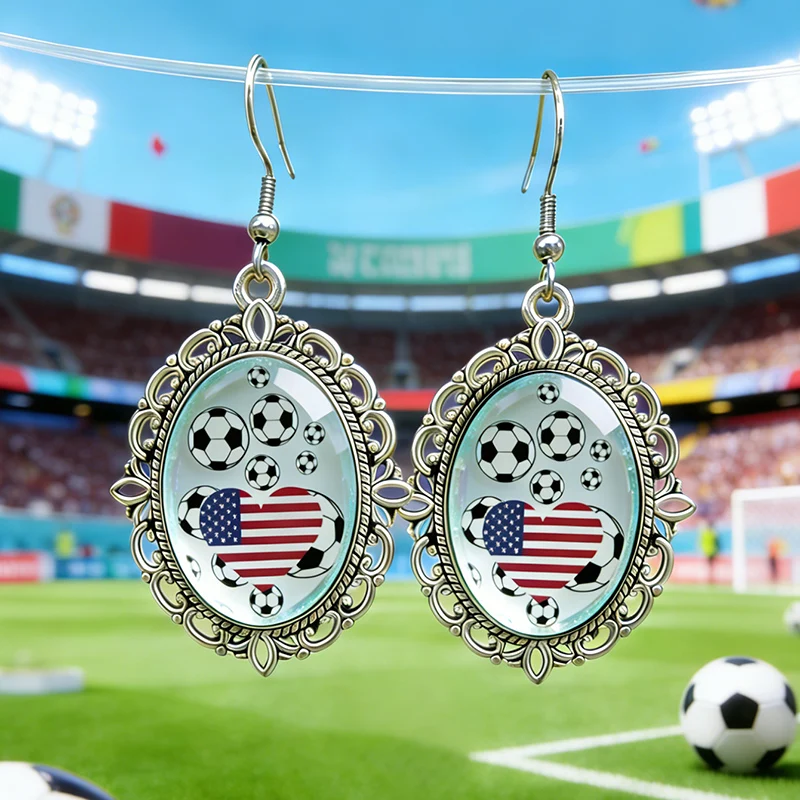 Ovale Glas-Ohrhänger, Fußball, Nationalflagge, Herz, Schmuck für Frauen, Sportfans, Geschenkidee