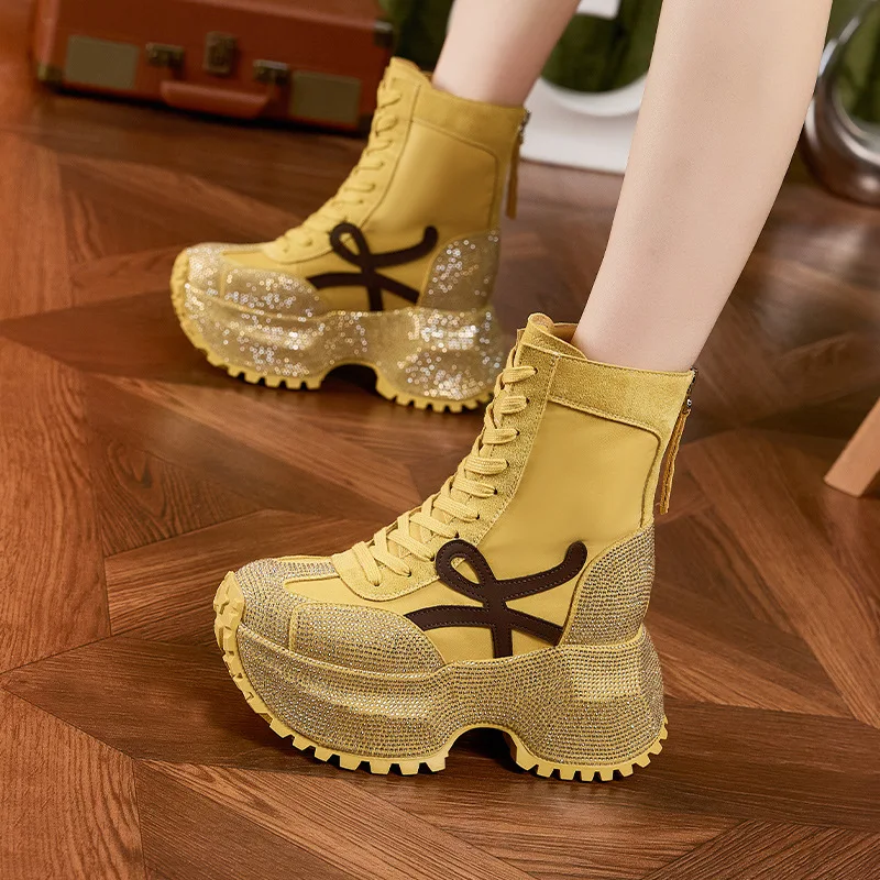 Women's Thick Sole High-top Fashion Boots Autumn New Comfort Leather Boots Rhinestone Trendy Casual Height Increase 10CM Shoes