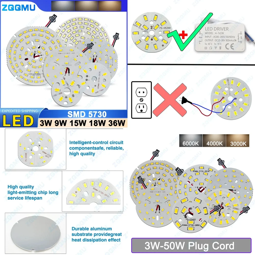 1PC LED PCB Light Source Round Aluminum 3W 5W 9W 12W 15W 18W 24W 36W 50W High Power DIY Lamp Bulb Retrofit Kit Panel Module for
