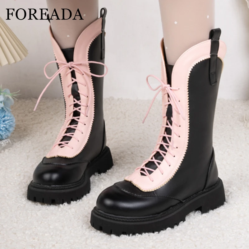 

FOREADA Women Mid Calf Boots Round Toe Thick Mid Heels Lace-up Platform Mixed Colors Western Boots Ladies Shoes Autumn Winter 43