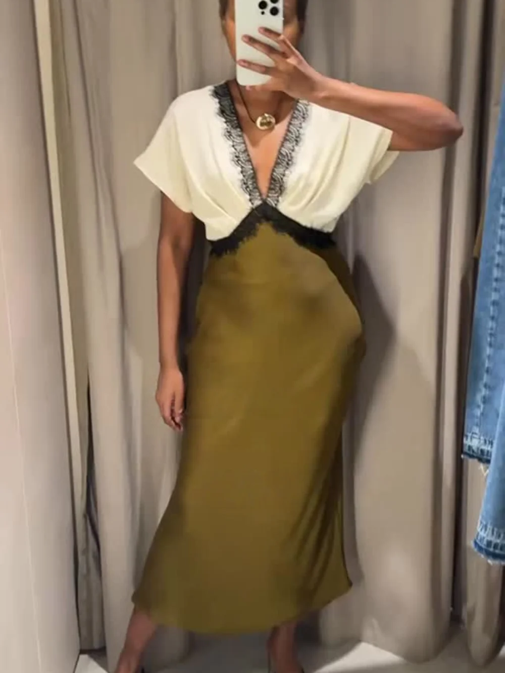 

Summer Women's V-Neck Lace Decoration Color Splicing Slim Midi Dress Short Sleeve Elegant Party Dress for Mujer