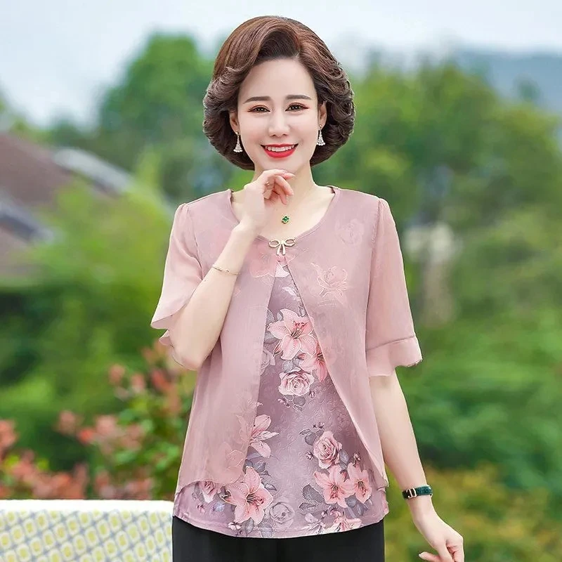 Middle Age Mother Summer Sets New Fake Two Pieces Chiffon Shirts Short Sleeve T-shirt Women Blouse Blusa Female Print Tops 2PCS