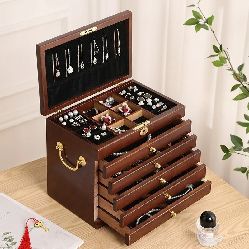 Wooden Jewelry Storage Box Exquisite Retro Organizer Box Ring Necklace Bracelet Earring Jewelry Boxes Display Boxes with Lock
