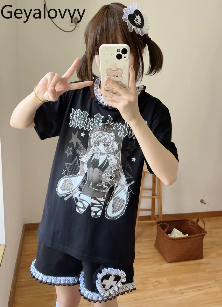 

Японские оригинальные черные шорты в горошек в стиле Лолиты, повседневная футболка с короткими рукавами и круглым вырезом, универсальный студенческий костюм для милых девушек