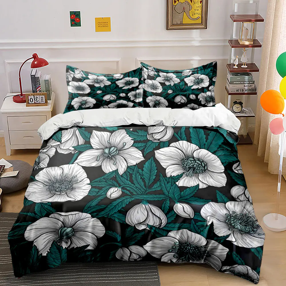 White flowers and green leaves Print Bedding Set 1 Duvet Cover 2 Pillowcases for Adult and Children Luxury Gift Full Size