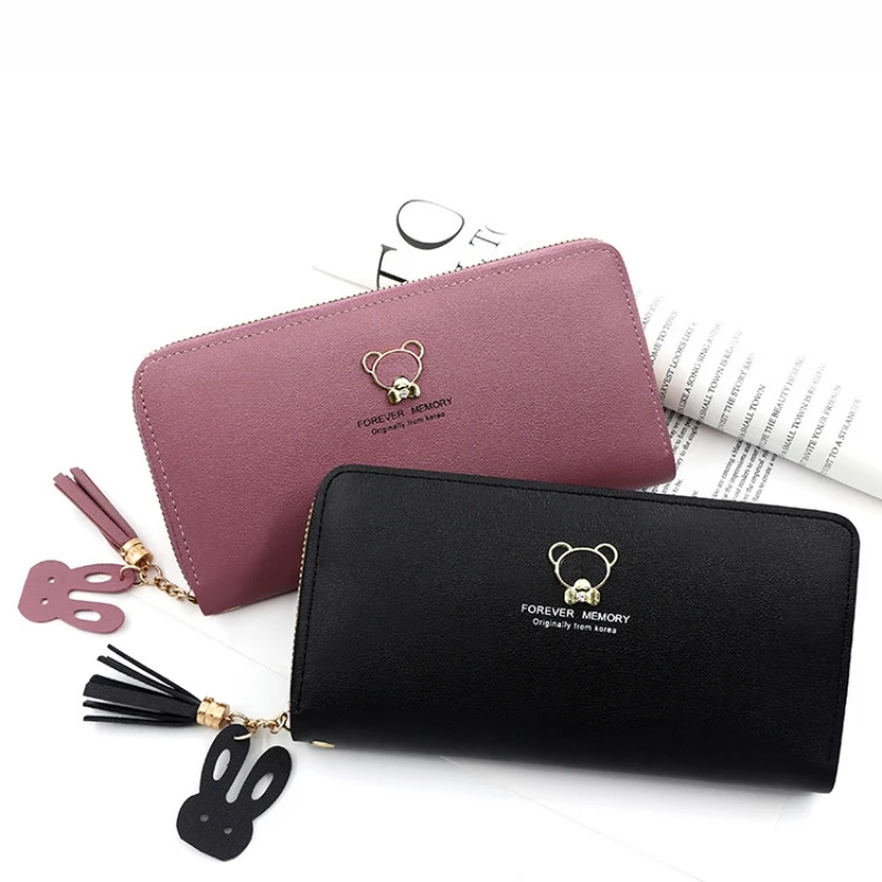 Women Long Wallet Credit Card Holder Coin Storage Bag Zipper Purse Cute Bear Korean PU Leather Coin Purse