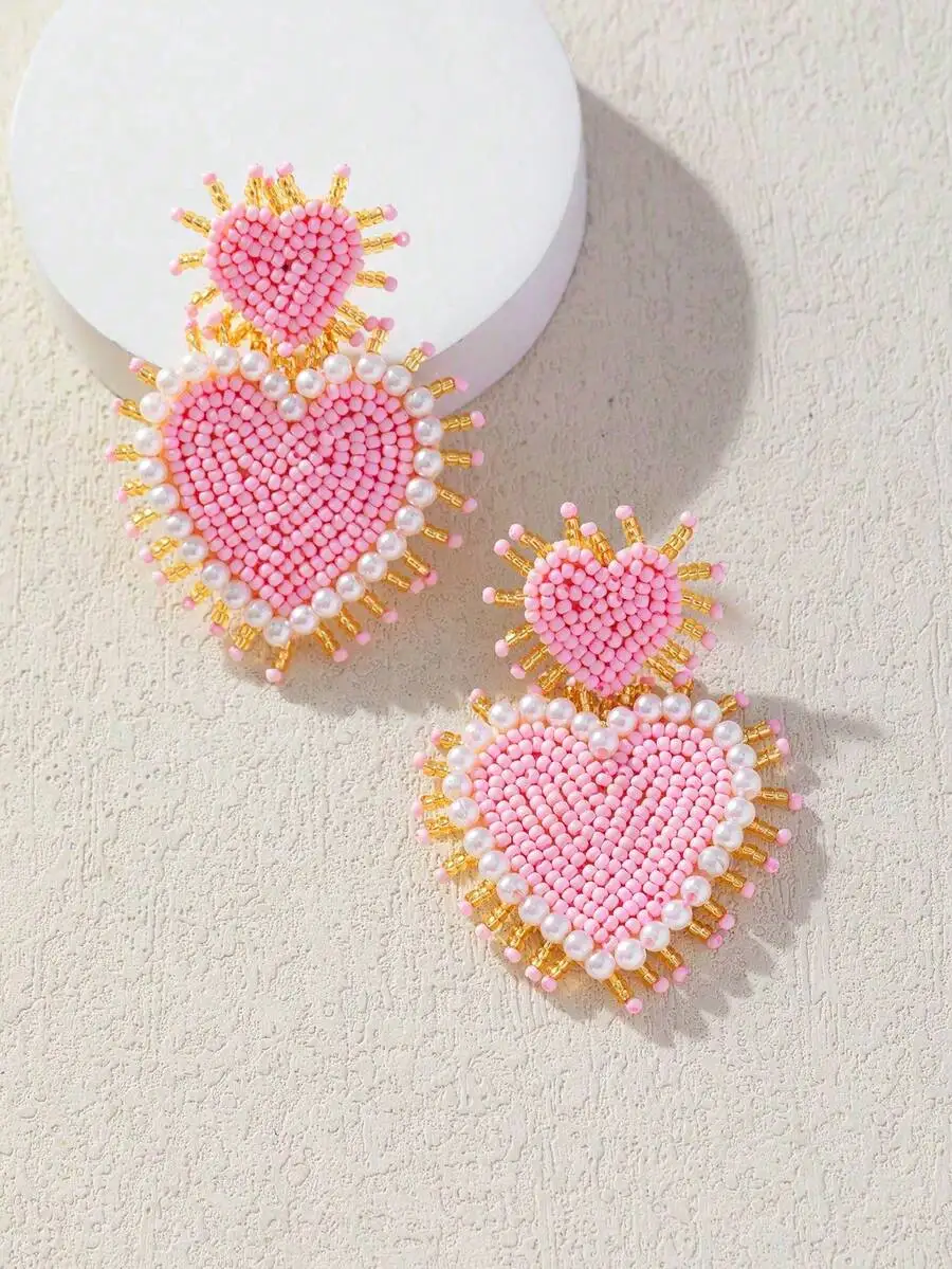 

Heart Shape Beaded Faux Pearl Drop Earrings For Women Casual Romantic Valentines Day